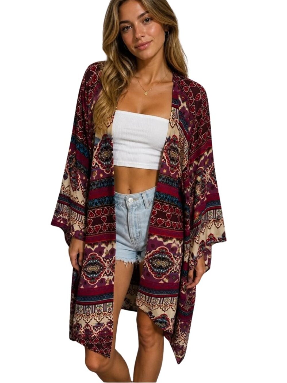 LILYPAD Boho Open-Front Kimono – Burgundy & Teal Layering Wrap